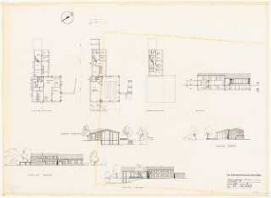 Gemeindehaus Berlin-Britz: Variante B Kellergeschoss, Erdgeschoss, Obergeschoss Ansichten, Schnitt 1:200