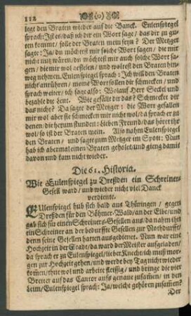Die 61. Historia. Wie Eulenspiegel zu Dreßden ein Schreiner-Gesell ward/ und wieder nicht viel Danck verdiente