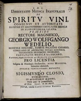 Dissertatio Medica Inauguralis De Spiritu Vini