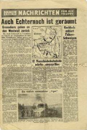 Nachrichtenblatt der US-Armee für die deutsche Wehrmacht mit Meldungen von verschiedenen Fronten