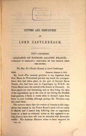 Correspondence, despatches, and other papers of Viscount Castlereagh, second marquess of Londonderry. 9 = 3. series, Military and diplomatic ; 1