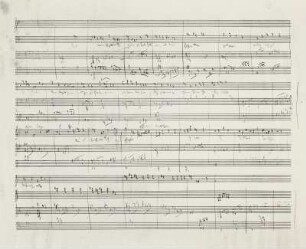 Das eheliche Glück (Intermezzo) op. 72. Sieben Particell-Skizzenblätter von Richard Strauss, Garmisch 1919. Autograph, Bleistift mit Korrekturen in Tinte; 27 x 35 cm. Erster Aufzug erste Szene, Blatt 4v. Dresden: SLUB Mus. 9099-F-26a