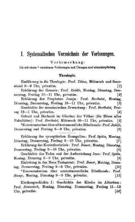 I. Systematisches Verzeichnis der Vorlesungen