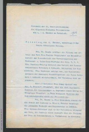 Protokolle - Abschrift zur 25. Generalversammlung des ADF 1909 in Darmstadt