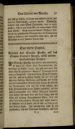 Das vierte Capitel. Antwort des Sancho Panßa auf des Simson Carrasco Fragen, [...].