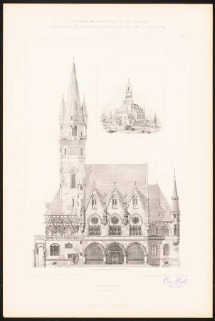Rathaus: Hauptansicht, perspektivische Ansicht (aus: C. Schäfer, Die Bauhütte, Entwürfe im Stile des Mittelalters, 3. Bd., 1895, Blatt 46)