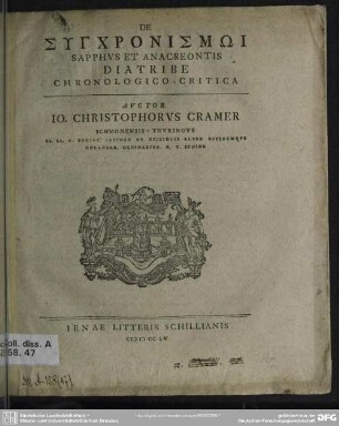 De Synchronism Sapphus Et Anacreontis Diatribe Chronologico-Critica