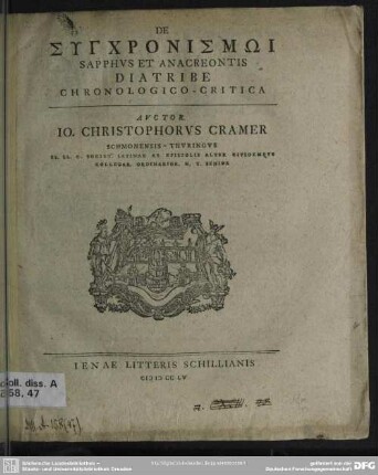 De Synchronism Sapphus Et Anacreontis Diatribe Chronologico-Critica