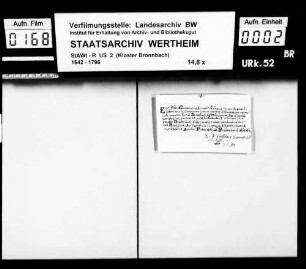 Fr. Wilhelm (Guillelmus) Sennefeldt, Laie zu Bronnbach (Brunnbach), verspricht den Satzungen und Regeln des hl. Benediktus Treue und Gehorsam.