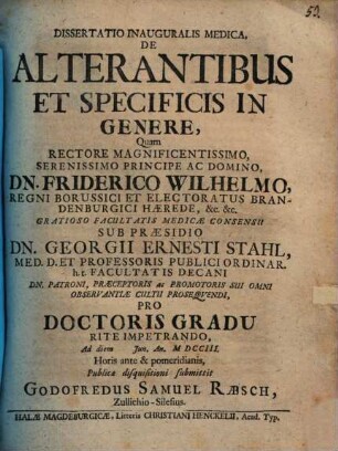 Dissertatio Inauguralis Medica De Alterantibus Et Specificis In Genere