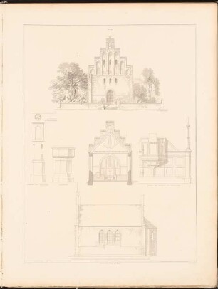 Kirche mit 200 Sitzen: Vorderansicht, Seitenansicht, Querschnitt, drei Details (aus: Entwürfe zu Kirchen, Pfarr- und Schulhäusern, hrsg. von der Kgl. Preuß. Oberbaudeputation, 1845-1855)