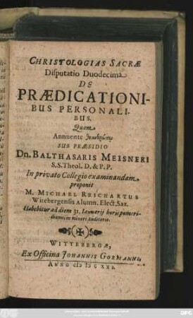 Christologias Sacrae Disputatio Duodecima De Praedicationibus Personalibus