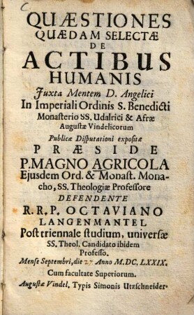 Quaestiones quaedam selectae de actibus humanis