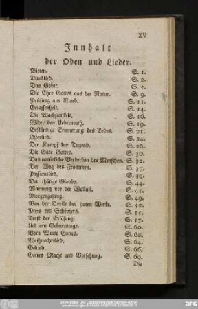 Inhalt der Oden und Lieder.