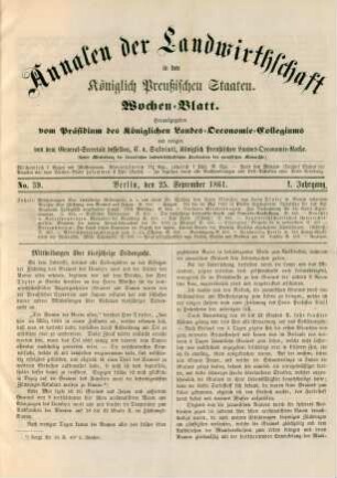 No. 39. Berlin, den 25. September 1861. I. Jahrgang.