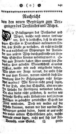Nachricht von den neuen Beytragen zum Vergnügen des Verstandes und Witzes