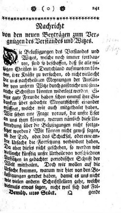 Nachricht von den neuen Beytragen zum Vergnügen des Verstandes und Witzes