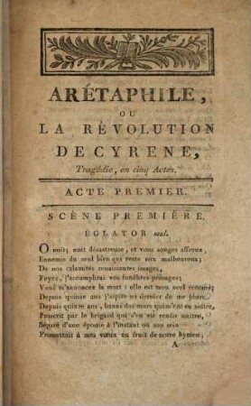 Arétaphile ou La révolution de Cyrene : Tragédie