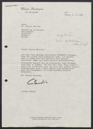Brief an Gerard Mortier an Théâtre royal de la Monnaie, 03.11.1989