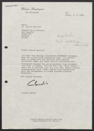 Brief an Gerard Mortier an Théâtre royal de la Monnaie, 03.11.1989