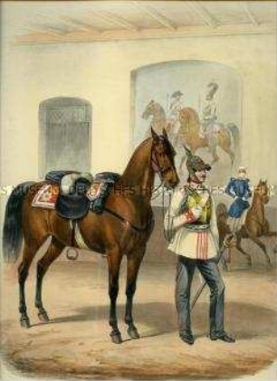 Uniformdarstellung, Reiter der Garde du Corps, Preußen 1843/1845. Aus: Sachse: Das Preussische Heer. Tafel 2.