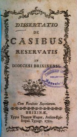 Dissertatio De Casibus Reservatis In Dioecesi Brixinensi