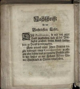 Nachschrifft An den Geehrtesten Leser.