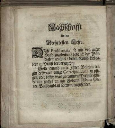 Nachschrifft An den Geehrtesten Leser.