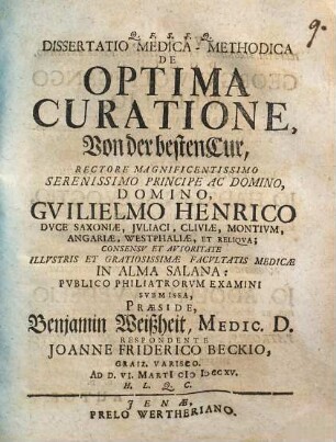 Dissertatio medica-methodica de optima curatione, Von der besten Cur