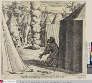 [Gott, in Form einer Wolkensäule, unterhält sich mit Moses im Lager der Israeliten.; Dieu, sous la forme d'une colonne de nuées, s'entretient avec Moise dans le camp des Israélites.]