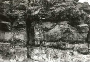 Zittauer Gebirge. Große Felsengasse bei Oybin. "Muschelsaal", schalige Brauneisenabsonderungen durch rhythmische Ausfällungen (Liesegangsche Figuren), herausgewittert