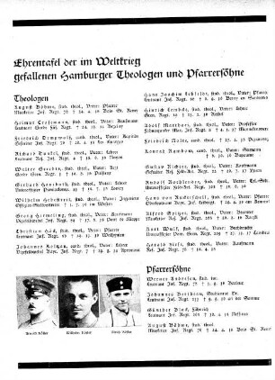 Ehrentafel der im Weltkrieg gefallenen Hamburger Theologen und Pfarrersöhne