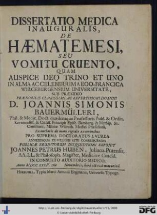Dissertatio Medica Inauguralis, De Haematemesi, Seu Vomitu Cruento