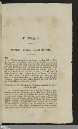 IV. Abschnitt. Braten. Rôtis. Plats de rôts