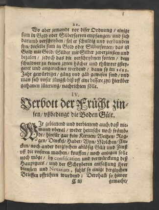 IV. Verbott der Früchtzinsen/ ußbedingt die Boden Gült.