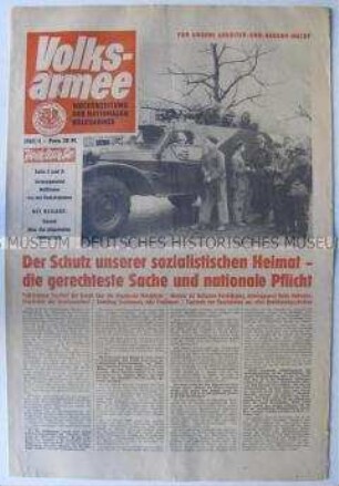 Wochenzeitung der NVA "Volksarmee" zum Beschluss über die allgemeine Wehrpflicht in der DDR mit dem Wortlaut der Vokskammer-Rede von Armeegeneral Hoffmann