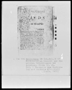 Sammelhandschrift (Martyrologium, Homiliar und unvollständiges Lektionar) — Initiale K (alendas), Folio 1 recto