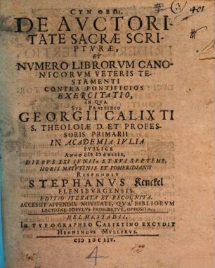 De auctoritate sacrae Scripturae, et numero librorum canon. V. T. exercitatio