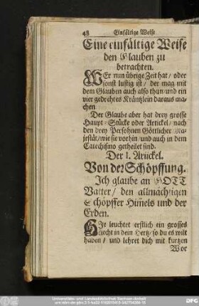 Der I. Artickel. Von der Schöpfung.