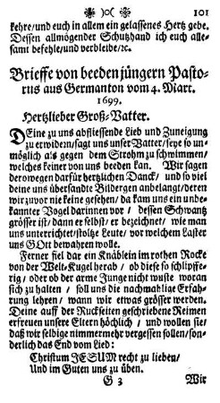 Brieffe von beeden jüngern Pastorus aus Germanton vom 4. Mart. 1699.
