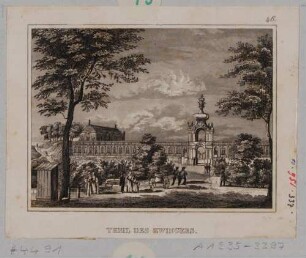Der Zwinger in Dresden, Blick über den zugeschütteten Zwingergraben (Zwingeranlagen) auf den Mathematisch-Physikalischen Pavillon, die Langgalerie und das Kronentor, aus Schiffners Beschreibung von Sachsen um 1840