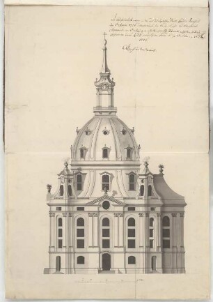 Dresden, Frauenkirche. Aufriss Südseite, Kopie des Approbationsrisses : Dresden, Frauenkirche. Aufriss der Südseite, George Bähr. Kopie des Approbationsrisses, unbekannter Zeichner, 2. V. 18. Jh. Feder, Pinsel in grau/Zeichenpapier. 73,2 x 50,9 cm. Bez.: "In Conformitaet meiner, in der, auf des abgelebten Stadt Syndici Berischens den 1:ten Aprilis 1726 unterschriebenes der Frauen=Kirchen bau betreffendes Memorial am 6:ten May a. c. ertheilten Schirftl: Antwordt enthaltenen Erklärung, Confirmire diesen Riß Zu erbauung der FrauenKirche, Dreßden am 26:ten May 1726: Graff von Wackerbarth". Maßstab mit Maßeinheit Ellen (40 Ellen S. 361, Kat. Nr. 40, S. 362 Abb.