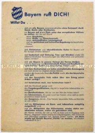 Programmatisches Flugblatt der Bayernpartei mit Mitgliederwerbung