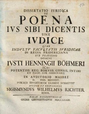Dissertatio Ivridica De Poena Ivs Sibi Dicentis Sine Ivdice