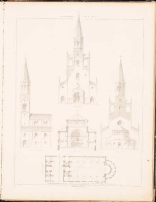 Evangelische Kirche mit 1300 Sitzen: Vorderansicht, Seitenansicht, Choransicht, Querschnitt, Grundriss (aus: Entwürfe zu Kirchen, Pfarr- und Schulhäusern, hrsg. von der Kgl. Preuß. Oberbaudeputation, 1845-1855)