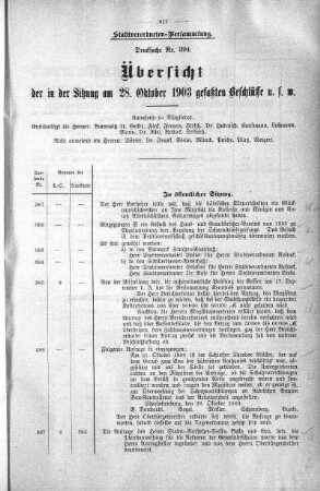 Übersicht der in der Sitzung am 28. Oktober 1903 gefaßten Beschlüsse u. s. w., 28. Oktober 1903