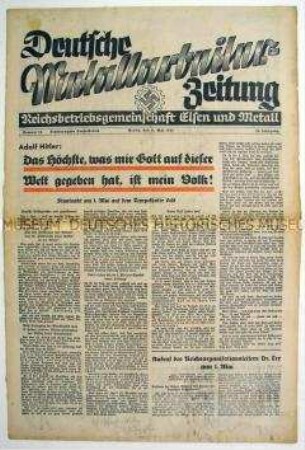 Wochenzeitung der DAF für die Metallindustrie "Deutsche Metallarbeiter-Zeitung" u.a. zur Rede Hitlers am 1. Mai