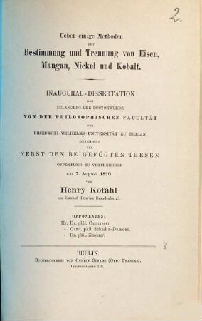 Über einige Methoden zur Bestimmung und Trennung von Eisen, Mangan, Nickel und Kobalt