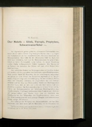 VI. Kapitel. Über Malaria - Klinik, Therapie, Prophylaxe, Schwarzwasserfieber -.