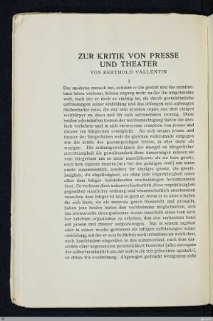 Zur Kritik von Presse und Theater / von Berthold Vallentin